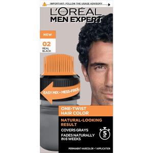 LOreal Paris Men Expert One Twist Mess Free Permanent Hair Color, Mens Hair Dye to Cover Grays, Easy Mix Ammonia Free Application, Real Black 02, 1 Application Kit
