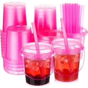 30 Set 24 oz Hot Pink Color Drink Buckets with Lids and Straws Disposable Clear Rum Plastic Drinking Cocktail Bucket with Handles for Beverage Coffee Lemonade Pool Picnic Party Supplies