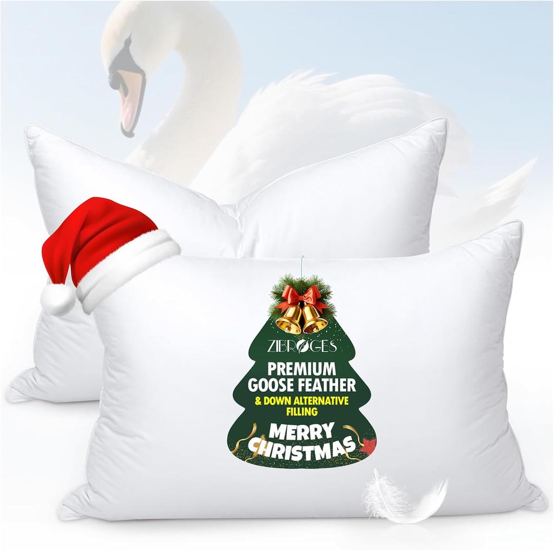 zibroges Goose Feather Pillows Queen Size Pack of 2 - Hotel Down Bed Pillow for Sleeping, Soft 600 Thread Count Cotton Cover, Fluffy Support Surround Fill Polyester for Side, Stomach, Back Sleepers