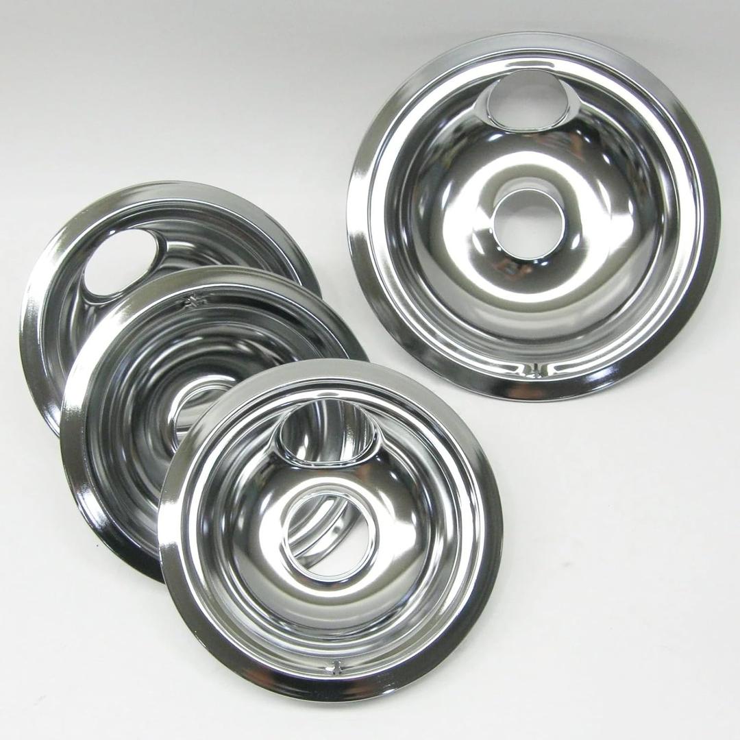 WB314 Range Burner Bibs Chrome Bowls Pans for GE Replaces WB31K10265 PS8754846 AP5791287 AP5791288 Includes 3 of WB31M16 6" Small Bowls and 1 of WB31M15 8" Large Bowl - Chrome Burner Bowl Set