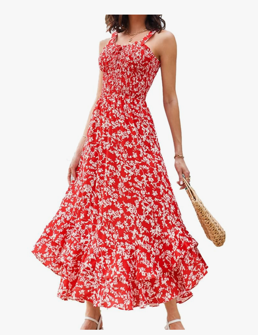 GRACE KARIN Women's 2025 Summer Floral Boho Dress Square Neck Strapped Swing A Line Sundress Beach Long Maxi Outfits M