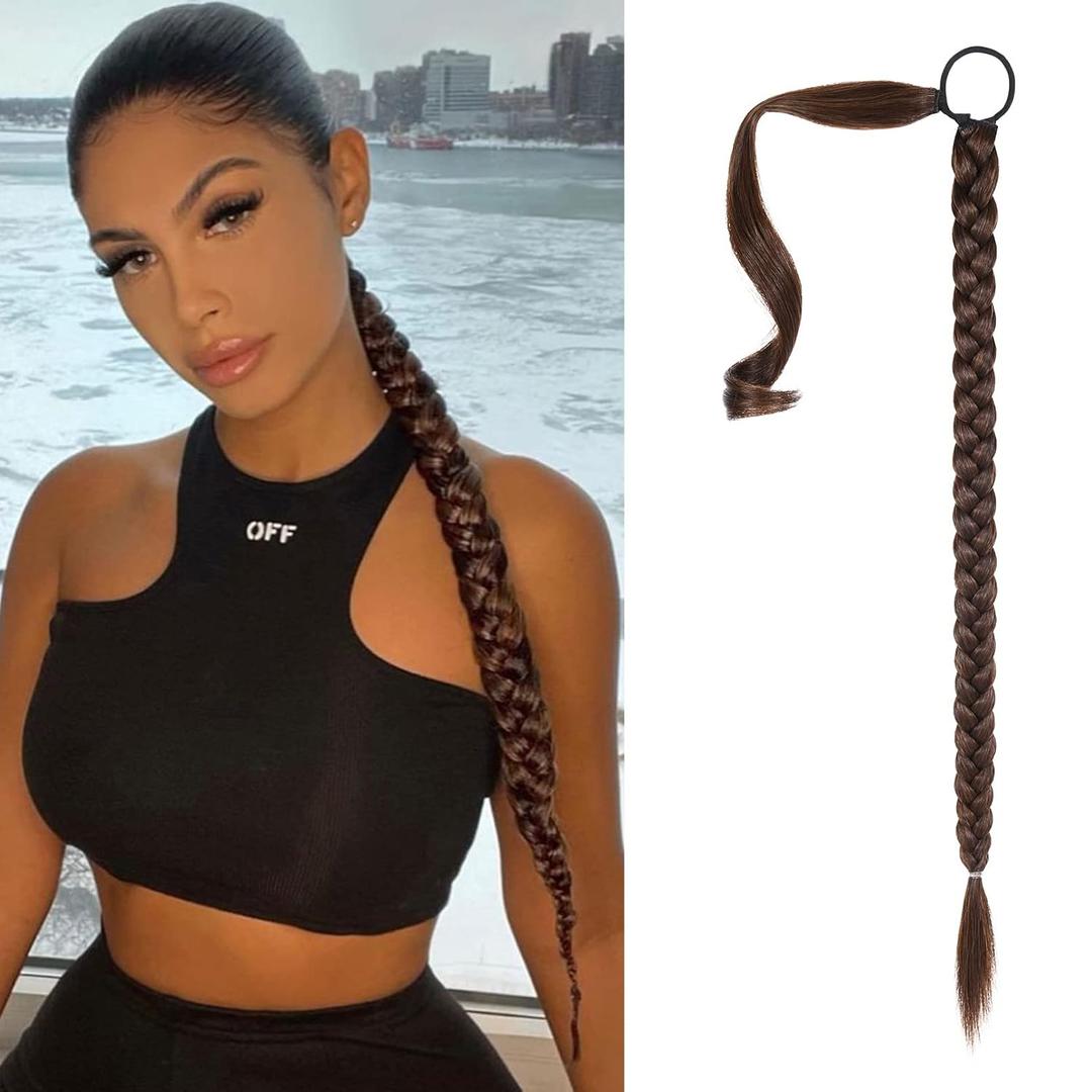 SEIKEA Upgraded Long Braid Ponytail Extension with Elastic Tie Straight Sleek Wrap Around Braid Hair Extensions Ponytail Dark Brown with Copper Highlights 20 Inch (After Braided 16 Inch) 110 Gram