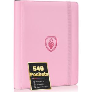 Premium 9 Pocket Card Binder for 540 Cards, Fabmaker PU Cover Trading Card Binder, Sturdy Card Collection Album, Sleek Card Holder Folders for Game Cards & Sports Cards, Pink