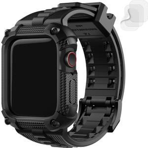 Fullmosa Compatible with Apple Watch Bands 45mm 44mm Series 9/8/7/6/5/4/SE2/SE, TPU Rugged iWatch Strap Military Grade Shockproof Bumper Case with Screen Protector for Men Women (44mm, Black)