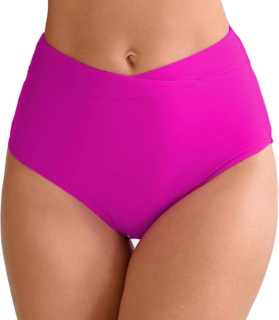 Halcurt Women's High Waisted Swim Bottoms (Available in Plus) Full Coverage Bikini Swimsuit Bottoms (Pink, L)
