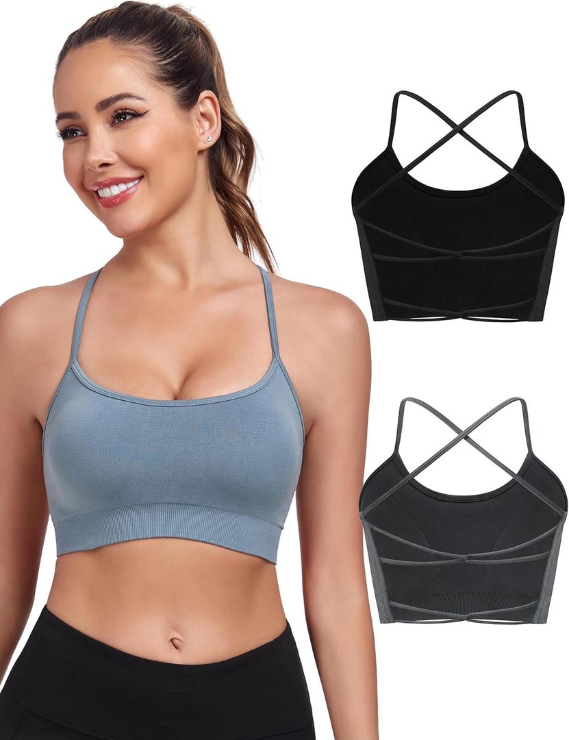 Lusait Sports Bras for Women Medium Support Thin Straps Sexy Criss-Cross Yoga Bra Gym Crop Top for Workout (S)