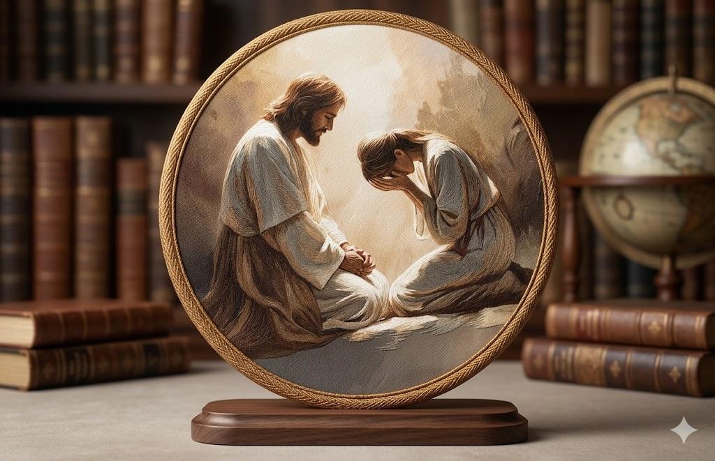 Jinhaichen Alabaster Jar Round Wall Art Framed, Mary Anoints Jesus Round Wall Decor, Christ Christian Religious Hanging Canvas Prints for Bedroom Living Room Decoration, 10x10 Inch