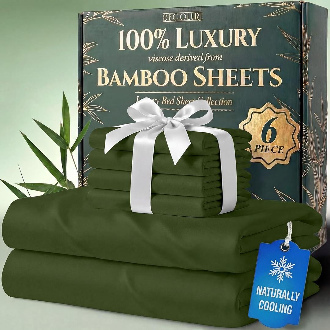 DECOLURE 100% Viscose Derived from Bamboo Sheets King Size - Luxury 6 Pc Naturally Cooling Sheets, Ultra Soft Bed Set - Deep 17" Pockets, Durable Double Stitching, Oeko Tex Standard (Olive)