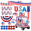 Moucuny 25 Pcs 4th of July Car Parade Decorations Kit Metal Wire Garland Fringe Garlands American Flags Fan Shaped Hanging Flag Banner Bows and USA Tinsel Wreath for Independence Day Car Parade