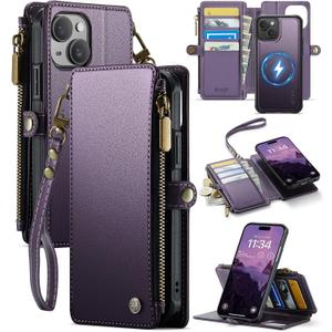 for iPhone 15 - Phone Case Wallet Magnetic Detachable, Purple | Compatible with Magsafe, RFID Blocking Card Holder, Zipper Pocket, Wristlet, Durable PU Leather, Magnet Flip, for Women Men