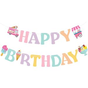 Hooqict Ice Cream Happy Birthday Banner Sign Sweet Birthday Party Decorations Ice Cream Party Banner for Girls Women Kids 1st 2nd 3rd Garland Banner Summer Party Supplies
