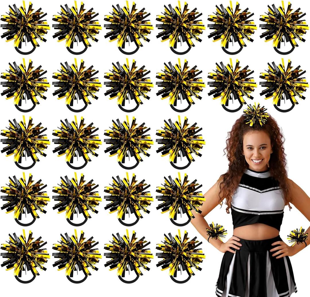 Shappy 2 Color Mini Pom Poms Hair Ropes for Football Cheerleading 4 Inch Ponytail Holder for Team Spirit Sports Dance Cheer (Black Gold)