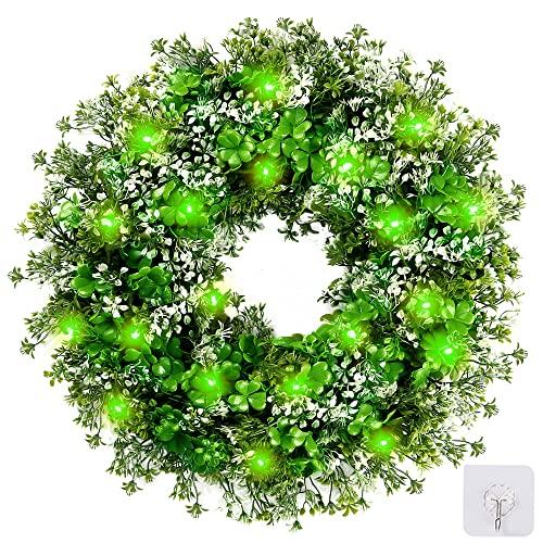 Sggvecsy 17.7’’ St. Patrick's Day Shamrocks Wreath for Front Door with 30 Green Lights Artificial Greenery Clover Wreath for Irish St. Patrick's Day Decoration Wall Window Outdoor Indoor Home Decor