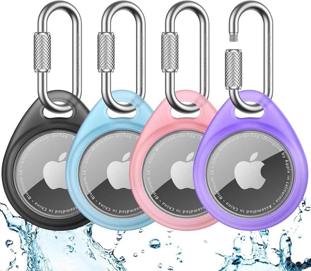 UNBREAKcable AirTag Holder for Apple - 4 Pack Air Tag Case [Professional Carabiner] [Waterproof] [Shockproof] TPU AirTag Keychain for Kids, Pets, Keys, Luggage, Backpacks (Transparent Purple / Pink / Blue / Black)