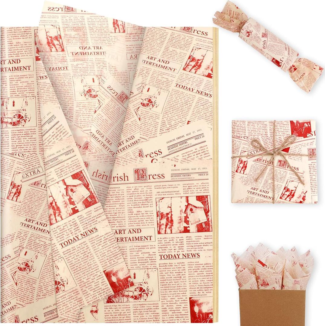 100 Sheet Red Vintage Newspaper Tissue Paper, Red 20x14in Old Newsprint Gift Wrapping Paper Retro Kraft Magazine Art Craft Newsprint Tissue for Wedding Valentine's Day Birthday Party Decor Gift Crafts