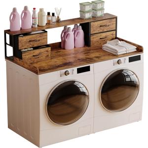 Unionly Washer and Dryer Countertop, 27.5" D x 53.9" W x 12.9" H Solid Wood Washer Dryer Countertop with Organizer Shelves with Four Drawers for Laundry Room Organization (Rustic Brown)
