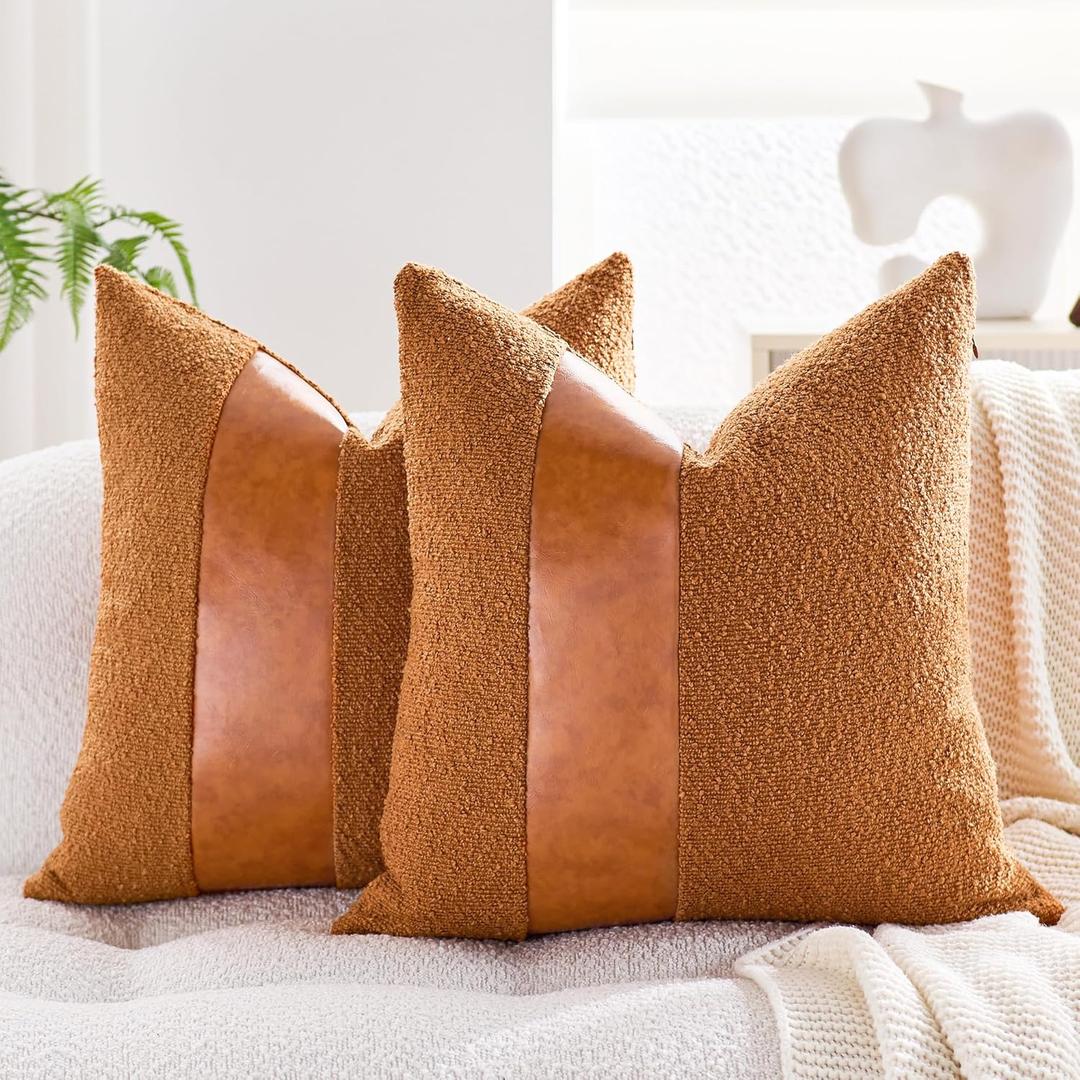 2 x Boucle Decorative Throw Pillow Covers 18"x18" Set of 2  Modern Textured Pillowcases with Faux Leather Contrast Stripe, Neutral Accent for Couch, Bed, or Chair  Leather Brown