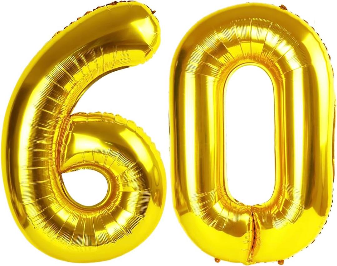 Gold Number 60 Balloon 40 inch, 60 Number Balloons, 60th Gold Birthday Decorations, 60 Year Old Women Men Golden Party Supplies