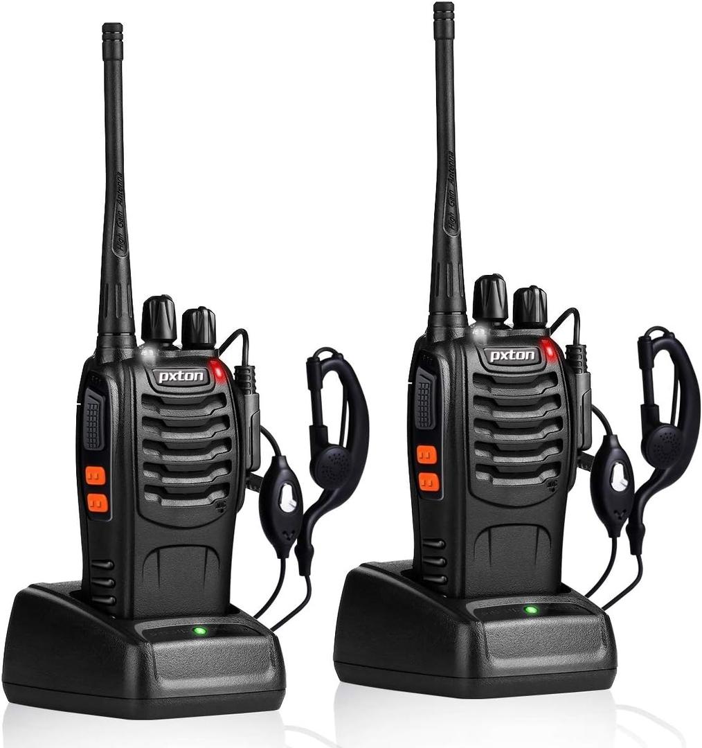pxton Walkie Talkies Rechargeable Long Range Two-Way Radios with Earpieces,2-Way Radios UHF Handheld Transceiver Walky Talky with Flashlight Li-ion Battery and Charger 2 Pack