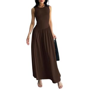Women's Sleeveless Solid Color Round Neck Ruched Waist Long Dress Summer Dresses 2025 for Women (Coffee Brown, XL)