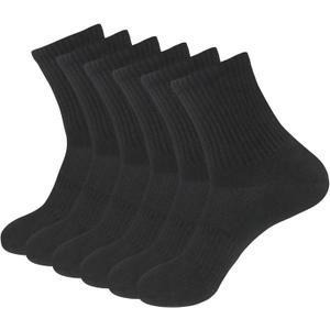 Womens 6-Pack Black Anti Blister Odor Control Quick Dry Compression Quarter Crew Cotton Athletic Hiking Socks, Size 6-10