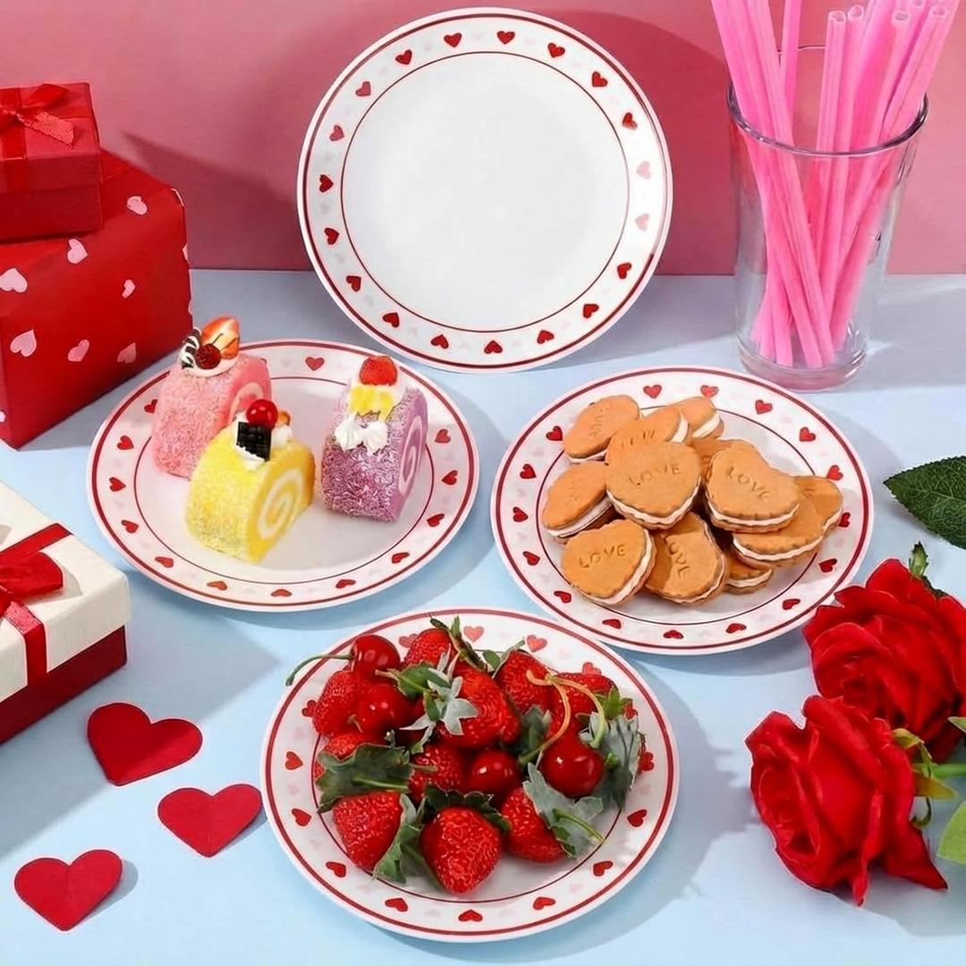 Hushee 6 Pcs Valentines Dessert Plate 6 Inch Round Heart Ceramic Plates Valentine Salad Dishes for Valentines Party Wedding Party Kitchen Food (Cute)