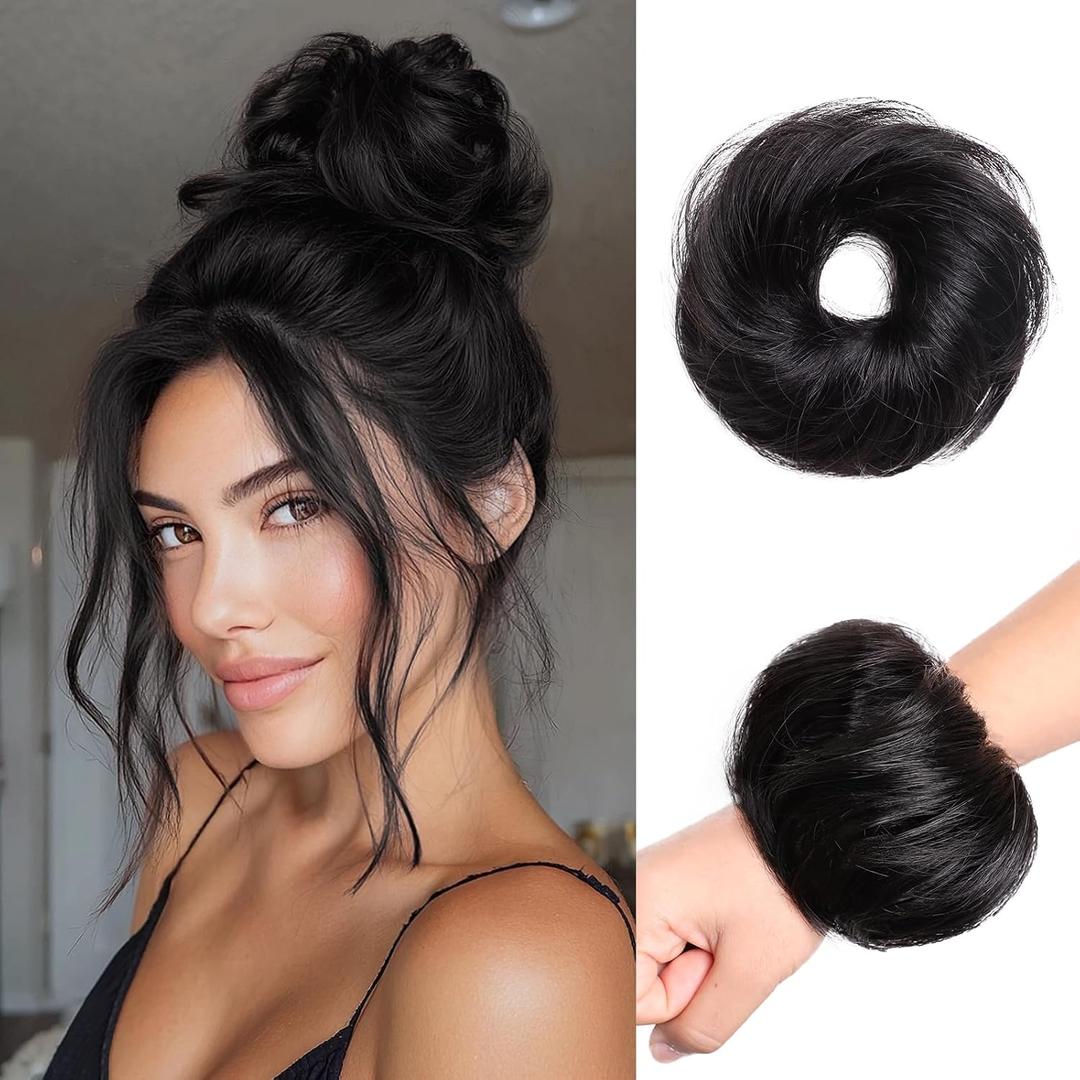 Messy Bun Hair Piece 100% Real Human Hair Chignons Scrunchie Tousled Fluffy Bun Scrunchie Wig Stretchy Band Messy Buns Hair Clip Fake Messy Hair Buns Hair Pieces for Women Black