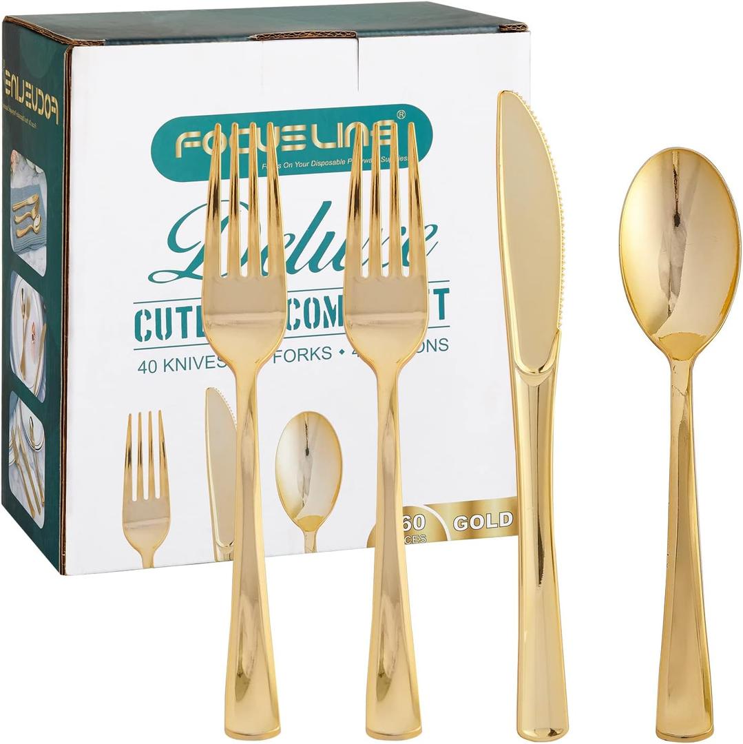 FOCUSLINE 160 Pack Gold Plastic Silverware Set, including 80 Gold Forks, 40 Knives, 40 Spoons, Disposable Flatware Heavy Duty Plastic Cutlery Set for Weddings, Catering, Parties, Dinners