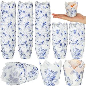 200 Pcs Blue Floral Cupcake Wrappers Chinoiserie Blue White Flower Cupcake Liners Mini Baking Cups Wrappers Muffin Liners for Wedding Bridal Baby Shower Birthday Tea Party Dessert Decoration