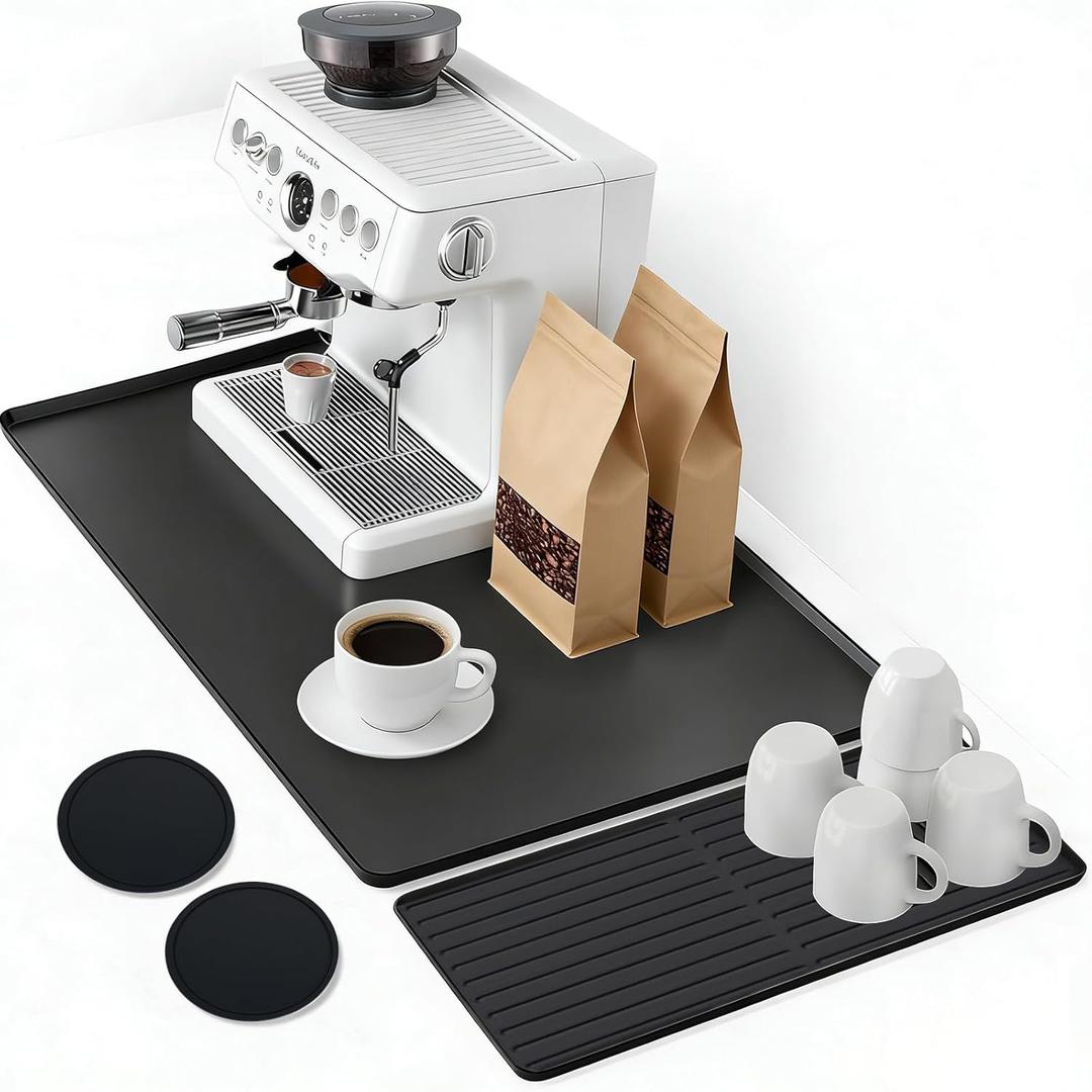 Mrcrypos Silicone Coffee Mat 16X24in Black - Non-Slip Espresso Countertop Mat, Spill Proof Coffee Bar Mat for Kitchen Station with Detachable Dish Drying Mats Fit Cafes & Office Countertops