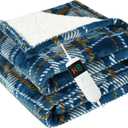 Electric Blanket Heated Throw, Soft Flannel 50"x60" Plaid Heating Blanket with 8 Hours Auto Off 10 Fast Heating Levels Machine Washable Sherpa Heated Blanket with Overheating Protection (Dark Blue)