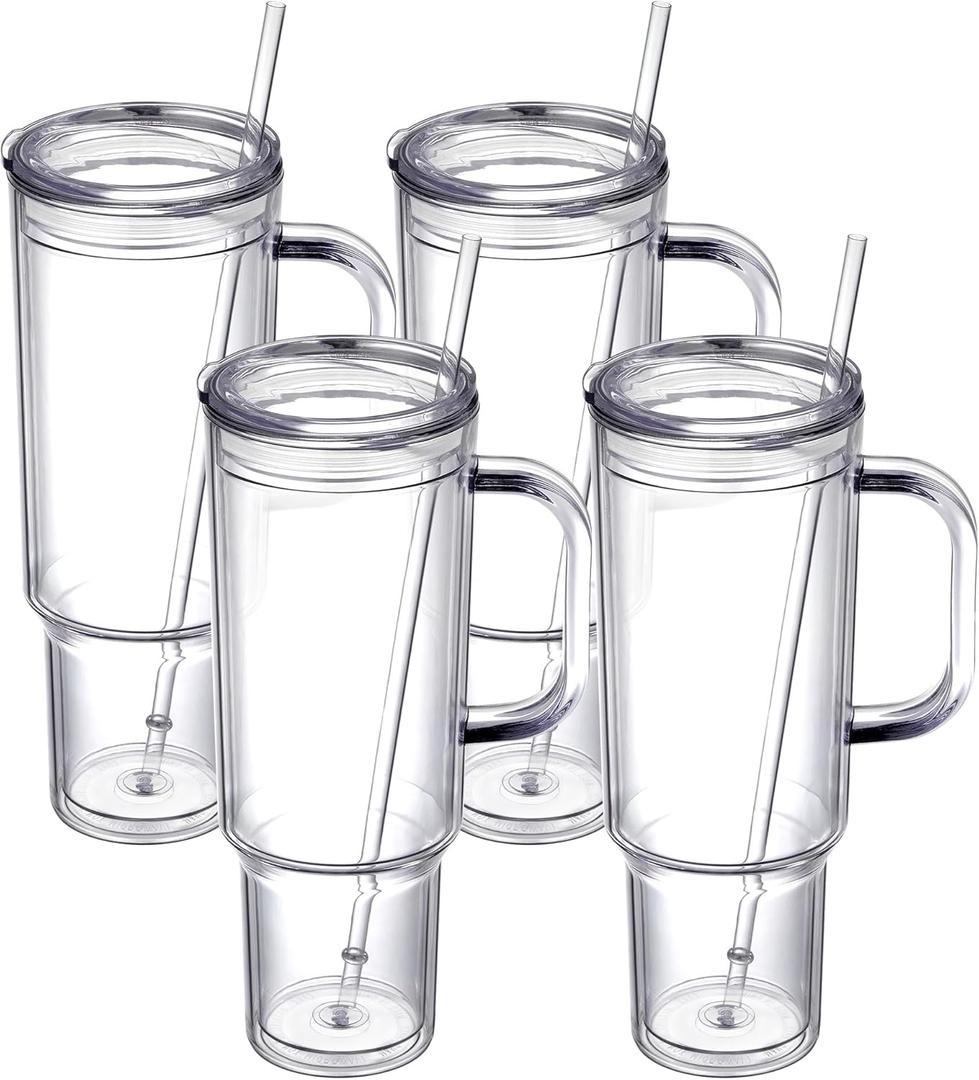 40 OZ PLASTIC TUMBLER WITH HANDLE AND STRAW LID, CLEAR TUMBLER, DOUBLE-WALL VACUUM REUSABLE PLASTIC WATER BOTTLE, TRAVEL MUG CUP, CLASSIC ACRYLIC TUMBLERS (4 PACK)