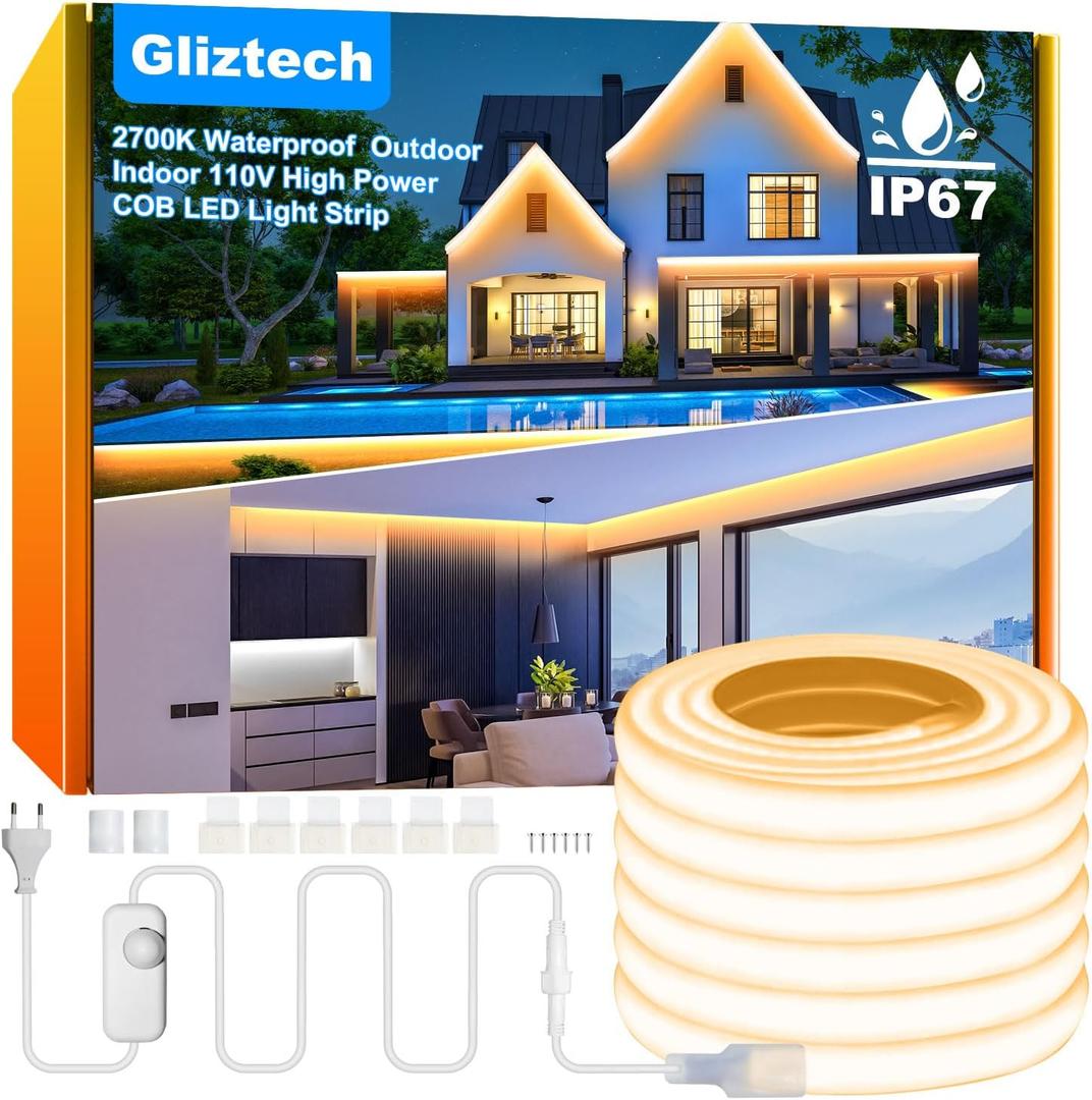 IP67 Waterproof COB LED Strip Lights AC 120V Direct Plug, 66FT Super Bright Outdoor Strip Lights with Double Fuse Controller, 2700K Warm White LED Strips for Garden Patio Commercial Decor, 2700K, 66FT