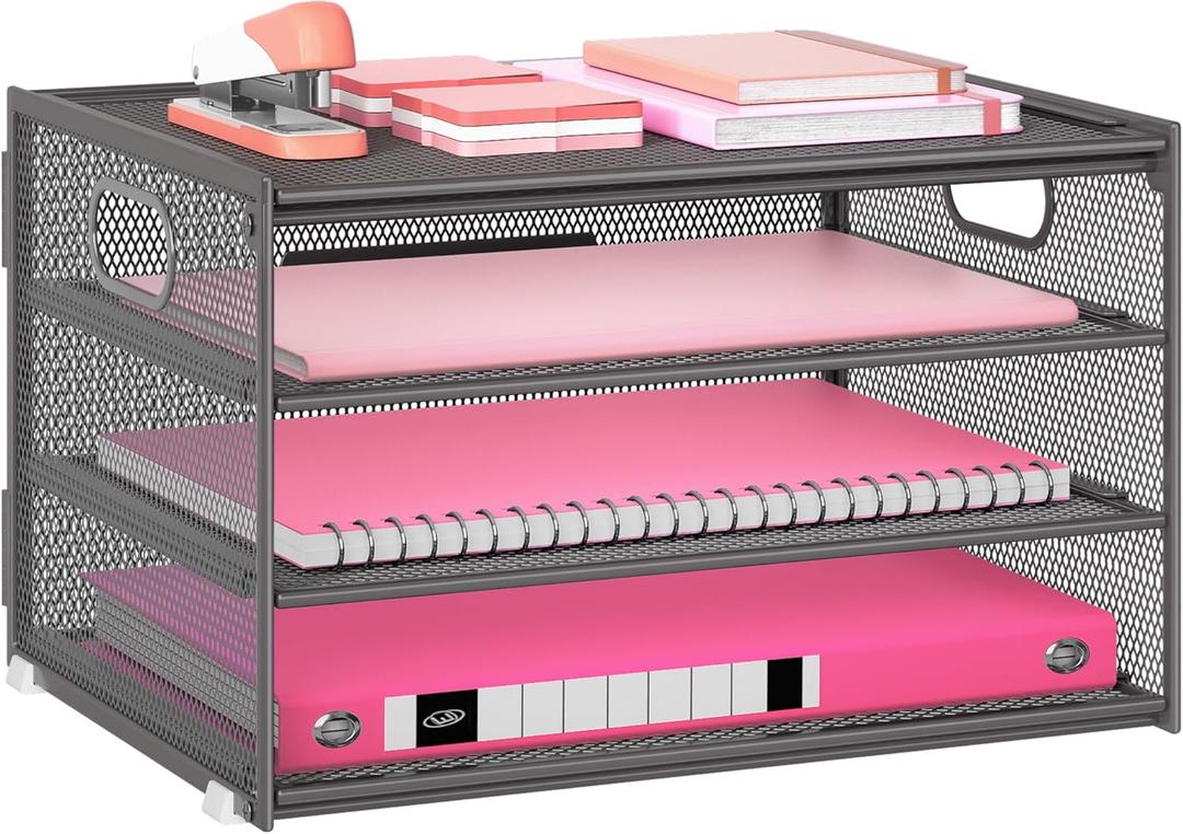 Lavatino 3-Tier Letter Tray Desk Organizer, Mesh Metal Paper File Tray Organizer for Desk, Office Supplies & Home Organization, Fits A4 Paper, Mail, Magazines & Office Accessories (Grey with Handle) (12.6" x 9.1" x 7.6")