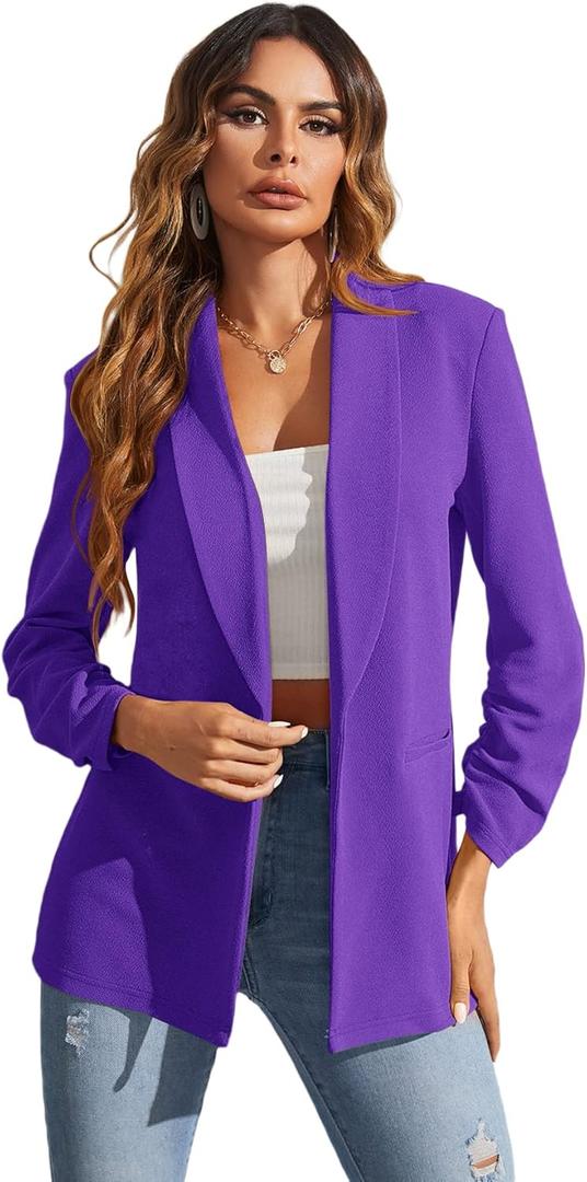 WDIRARA Women's Long Sleeve Open Front Blazer Casual Work Office Jacket (Violet Purple)