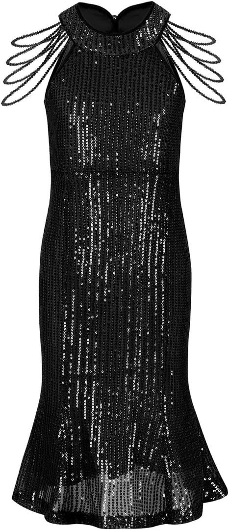 WELAKEN Girls Sequin Dress for Kids Sparkly Halter Neck Sleeveless Casual Party Wedding Twirl Dresses (14 Years, Fishtail-black)