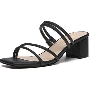 Athlefit Women's Strappy Block Chunky Heels Fashion Square Open Toe Slip On Heeled Sandals 7.5