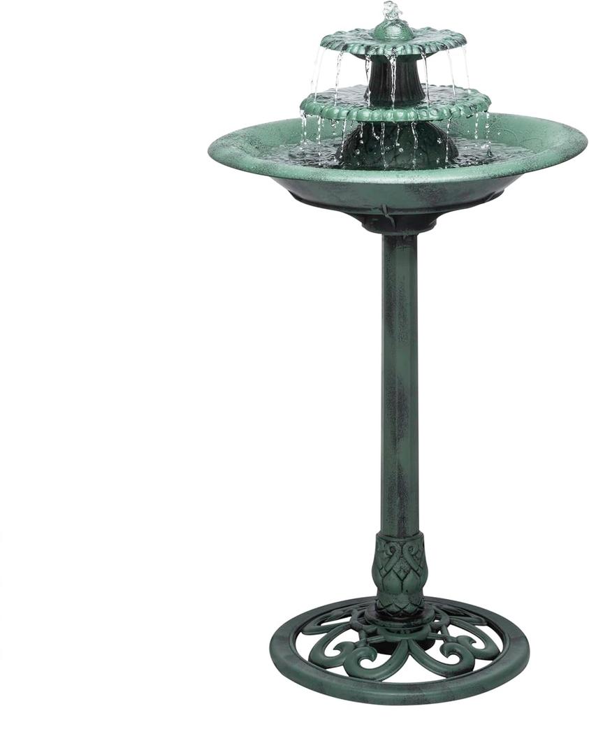 Alpine Corporation 35" Tall 3-Tier Outdoor Pedestal Water Fountain  Durable Resin Cascading Water Feature and Birdbath for Garden, Patio, Deck, and Backyard, Green