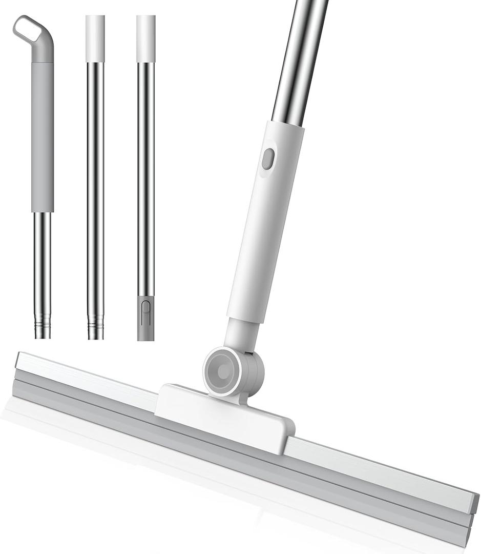 nacena Floor Squeegee, 52-in Adjustable Long Handle Squeegee for Floor Water Removal 180 Rotatable Head Squeegee Broom for Cleaning Window Shower Glass Tile Garage Concrete Pet Hairs, Grey&White