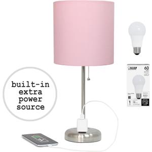 Simple Designs LT2024-LPK-LB 19.5" Brushed Steel Stick Table Desk Lamp with Charging Outlet and Drum Fabric Shade for Hallway, Nightstand, Office, Light Pink Shade, with Feit LED Bulb Included