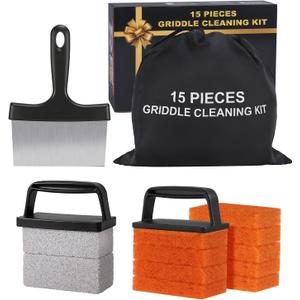 8 x Griddle Cleaning Kit for Blackstone,15 Pieces Flat Top Grill Cleaning Kit with Grill Scraper, Griddle Bricks and Brush Easy to Remove Stain,Griddle Accessories Cleaner Tool Set with Storage Bag