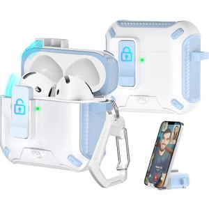 R-fun Compatible with AirPods 4th Generation 2024 Headphone Cases, Fully Drop Proof Auto Eject Protective Cover Design, New Charging Port Dust and Stand Design,Blue+White