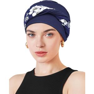 Movable Knot Beanies with Relaxed Stretch Elastic, Chemo Hats for Women (White Blue Floret)