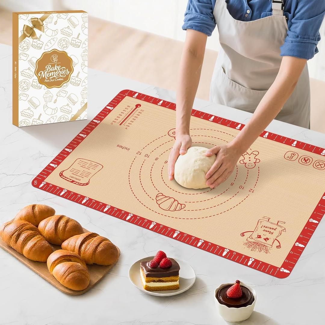 Extra Thick Silicone Baking Mat with Recipes - 26x16 inch Non Stick Pastry Mat with Measurements for Sourdough, Macarons, Bread, Pizza, Dough Rolling, Kneading, Heat Resistant to 480F Gift for Baker (Red-Brown)