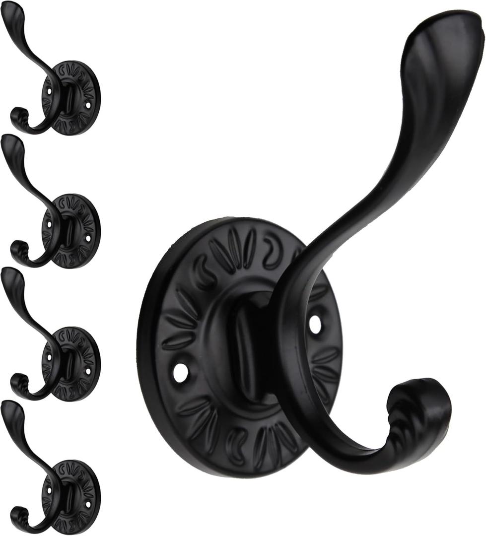 5pcs Black Coat Hooks Wall Mounted Coat Hooks Farmhouse Matte Black Wall Hooks with Screws Metal Matte Black Towel Hooks for Bathrooms Entryway Hooks for Hanging Coats, Keys, Hats, Scarves, Robe, Bags