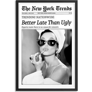 Trendy Luxury Black And White Framed Wall Art Newspaper Better Late Than Ugly Pictures For Preppy Girly Dorm Decor-Funky Fashion Feminist Canvas Prints Ready To Hang Room Bedroom (12L" x 8W", Audrey Hepburn)