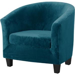 MIFXIN 2 Piece Velvet Tub Chair Covers with Cushion Cover Stretch Removable Tub Chair Slipcovers Armchair Sofa Couch Furniture Protector for Living Room Club Bar Counter (Peacock Blue)