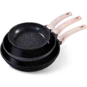 CAROTE Non Stick Frying Pan Skillet Set, Omelet Pan, Healthy Non Toxic Granite Chef Pan, Induction Compatible Egg Frying Pan with Heat-Resistant Handle, PFOA-Free,Black, 8"+10"+12"