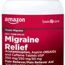 Amazon Basic Care Migraine Relief Acetaminophen, Aspirin (NSAID) and Caffeine Tablets, Pain Reliever/Pain Reliever Aid, 200 Count