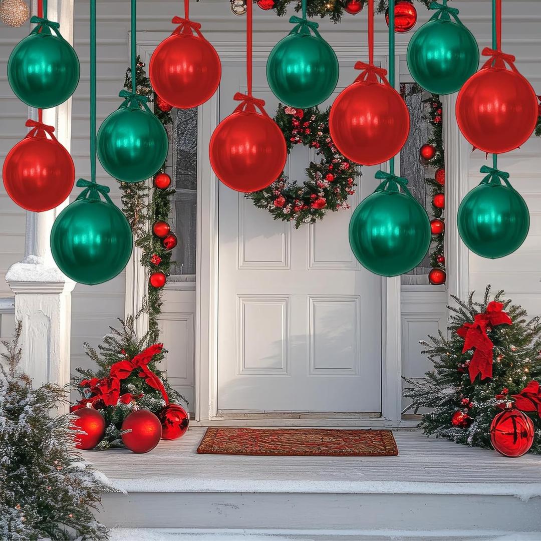Civaner 26 Sets Large Inflatable Christmas Balls with Hanging Bows 12 Inch Red and Green Inflatable Balls Balloons Xmas Bow Stain Ribbon Christmas Blow up Hanging Ornament for Indoor Outdoor Decor